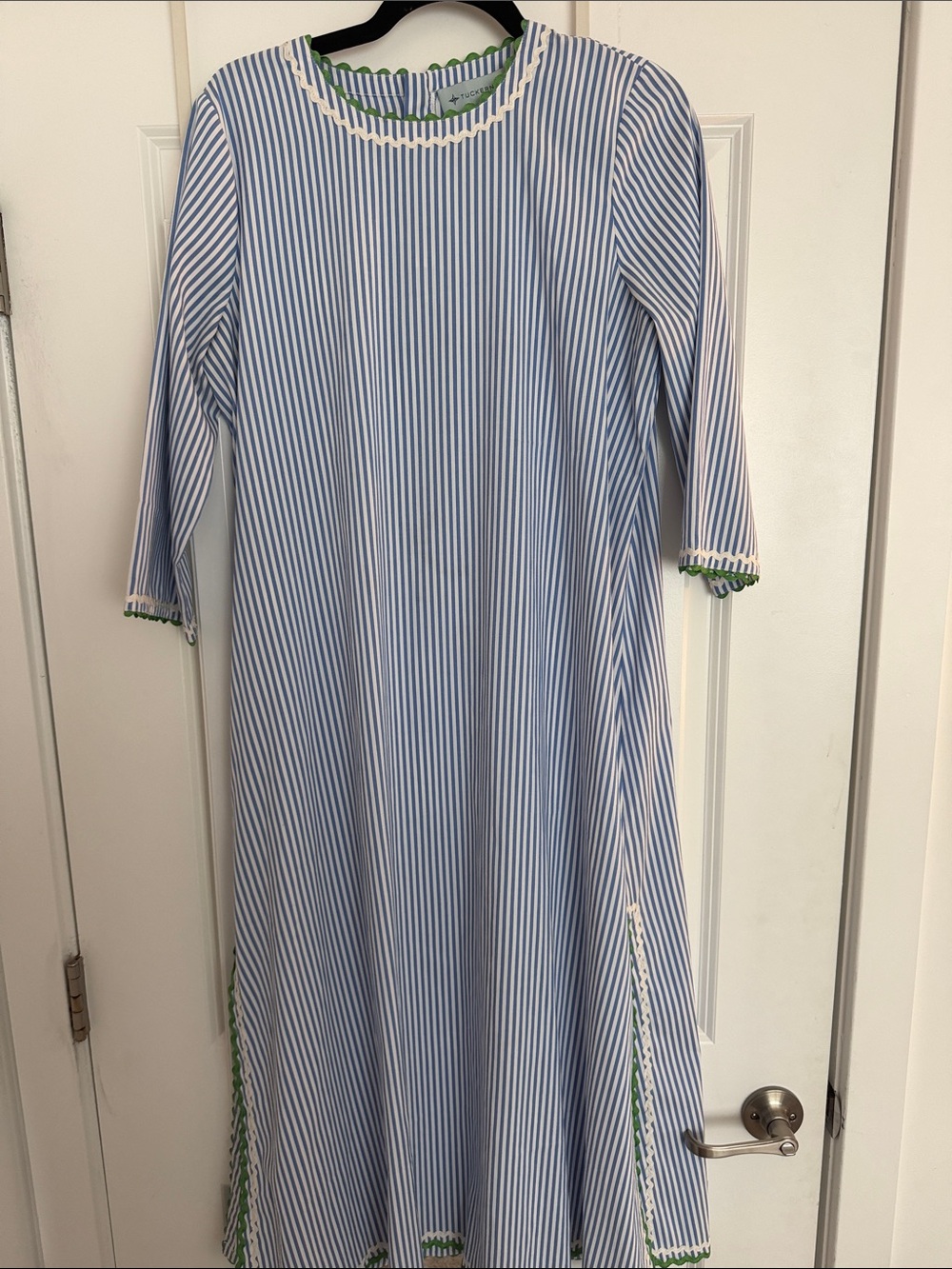 Tuckernuck Blue and White Striped Maxi Dress with Green Trim